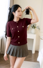 A412-Áo len dệt kim cộc tay màu đỏ cúc đồng hàng chuẩn nhà máy