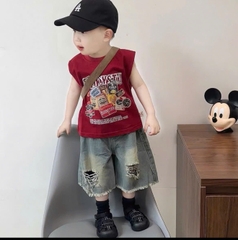 BT856-Bộ áo thun sát nách đỏ phối quần jean cộc cho bé 9-22kg