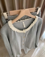 SET829- BỘ pijama kẻ phối ren vài díp lông mềm