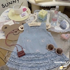 damgai01- Đầm jeans suông viền bèo thêu hoạ tiết