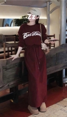 Set842- Bộ CV váy đỏ chữ xù chất nỉ hai da dáng dài