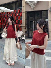 Set594- Set áo thô boi ren đỏ mix quần lien chân bèo dáng suông