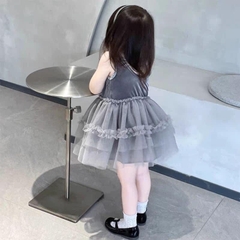 DAMKID009- Đầm xoan xoè hai dây màu ghi  xám bé gái