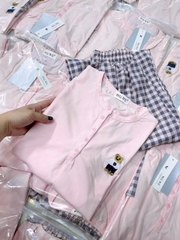 Set756- Bộ mặc nhà áo thun hồng dài tay phối quần suông kẻ