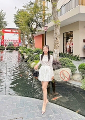 SET360- Set áo ren đệm vai phối chân váy xếp ly nơ eo