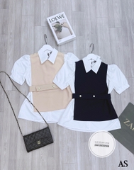 Áo sơ mi cổ đức phối 2 màu kèm belt rời