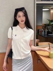 A589-Áo len dệt kim cộc tay có cúc màu trắng hàng nhà máy đủ tem