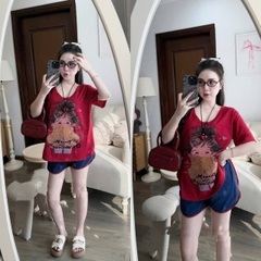 Set619- Set bộ áo cộc đỏ cô gái mix quần viền màu than chất cotton