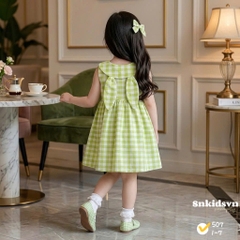 damgai04- Đầm bé gái kẻ 3 màu dáng suống đính thỏ