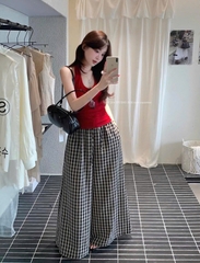 Set1037-Set áo dây đỏ phối quần kẻ suông