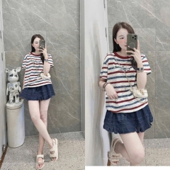 A311- Áo thun xược kẻ ngang viền đỏ in trước dáng suông