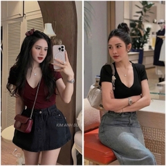 A232- Áo cộc tay cổ V có đệm vai 2 màu đen, đỏ