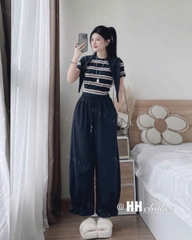 SET807-set áo tăm len kẻ xanh-đỏ mix quần gió dáng baggy