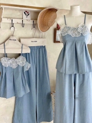 set631- Set hoa ren xanh dây chun lưng sau quần suông