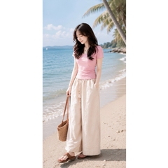 SET1018-Set thun cộc áo hồng kèm quần suông