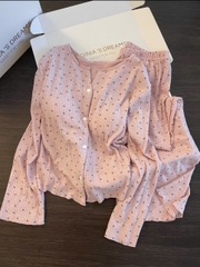 Set822- Set pijama mặc nhà màu hồng hoạ tiết hoa đen có sẵn đệm ngực