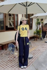 set746- SET áo thun cộc tay phối quần suông dài sọc thân