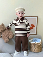 BT619- Bộ bé trai áo polo dài tay kẻ nâu phối quần kaki dài