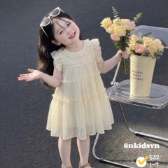 DAMGAI06-Đầm bé gái màu be 2 lớp xếp tầng xòe chất tơ