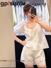 SET558- BỘ NGỦ  BÈO REN màu trắng cúc ngọc dang cộc