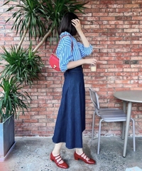 SET345-Set đồ nữ áo kẻ xanh và chân váy jean