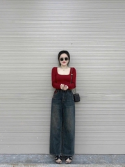 QUAN012- Quần jeans suông túi thêu đỏ 2 màu trắng,xanh