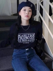 A458- Áo len cổ tròn in chữ xanh-trắng full tem