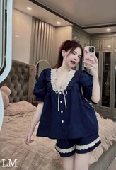 SET490-Bộ cộc  đũi tằm màu than viền ren cạp chun