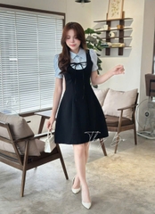 Dam174- Váy xoè ngắn đen phối tay sơ mi kẻ đính nơ