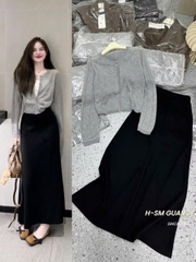Set825- Set dạo phố váy 2 dây đen phối áo len cadigan xám