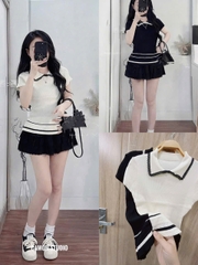 A363- Áo len dáng ôm viền ren Quảng Châu 2 màu đen- be