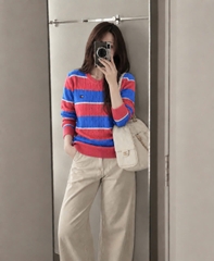 A733- Áo len cổ tròn kẻ ngang mix nhiều màu có thêu