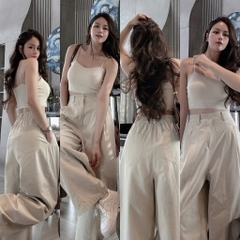 Quan083- Quần baggy kaki màu trắng ngà cạp chun sau co dãn