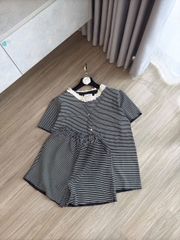 SET577- Set thun kẻ đen ngang viền ren dáng cộc chất mềm