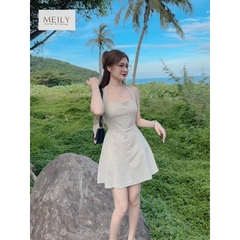 DAM009- Đầm be hai dây 2 lớp dáng xoè cúc cổ lưng