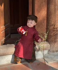 Bt825- Bộ áo dài đũi đỏ xước- nâu  bé trai kèm vấn đầu