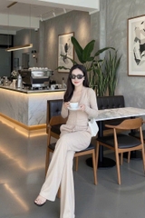 Set786- Set áo díp lông thỏ cổ V phối quần suông dài màu nâu