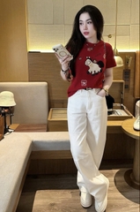 SET849-Bộ áo thun phối quần jean suông đỏ trắng