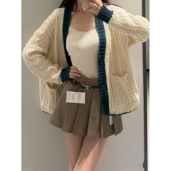 A342-Áo len cadigan vặn thừng bo viền 2 màu be than