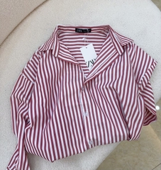 A258- áo sơ mi kẻ đỏ dáng suông chất thô lụa