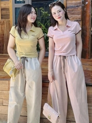 SET741-Bộ dạo phố áo thun polo phối quần baggy vàng hồng