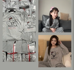 SET780- Bộ mặc nhà gia đình  áo thun quần kẻ suông xám đậm