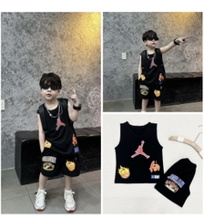 BT049- Bộ JORDAN đen in hoạ tiết bóng rổ trẻ em VNXK