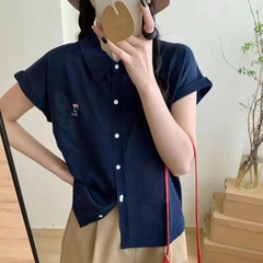 A255-Áo  sơmi nữ tay hến thêu gấu 2 màu xanh trắng