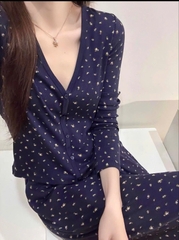Sey1055-Set mặc nhà áo dài tăm hoa xanh than phối quần suông