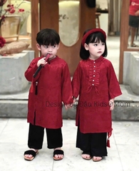 SETKID059- Set áo dài trai/gái đỏ quần lụa đen