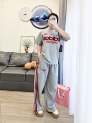 Set881-SEt áo ADD xám cộc phối quần suông viền đỏ