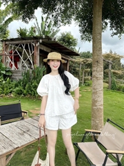 SET654-Set áo đũi trắng nơ lưng phối quần short 2 lớp