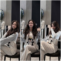 Set81- Set mặc nhà áo cotton chim cánh cụt phối quần suông kẻ