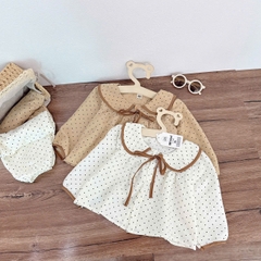 CB390- Combo  2 pijama xô đũi chấm bi vàng be bé gái